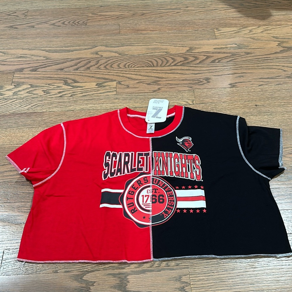 Red and black Rutgers ‘Scarlet Knight’ crop top. Brand Zoozatz. Size medium.